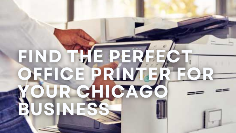 A professional office setup in Chicago showing a modern multifunction printer beside a desk, with a person loading paper into the tray.