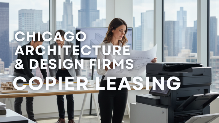Architect reviewing blueprints beside a copier in a modern Chicago design studio, representing efficient copier leasing solutions for architecture firms.