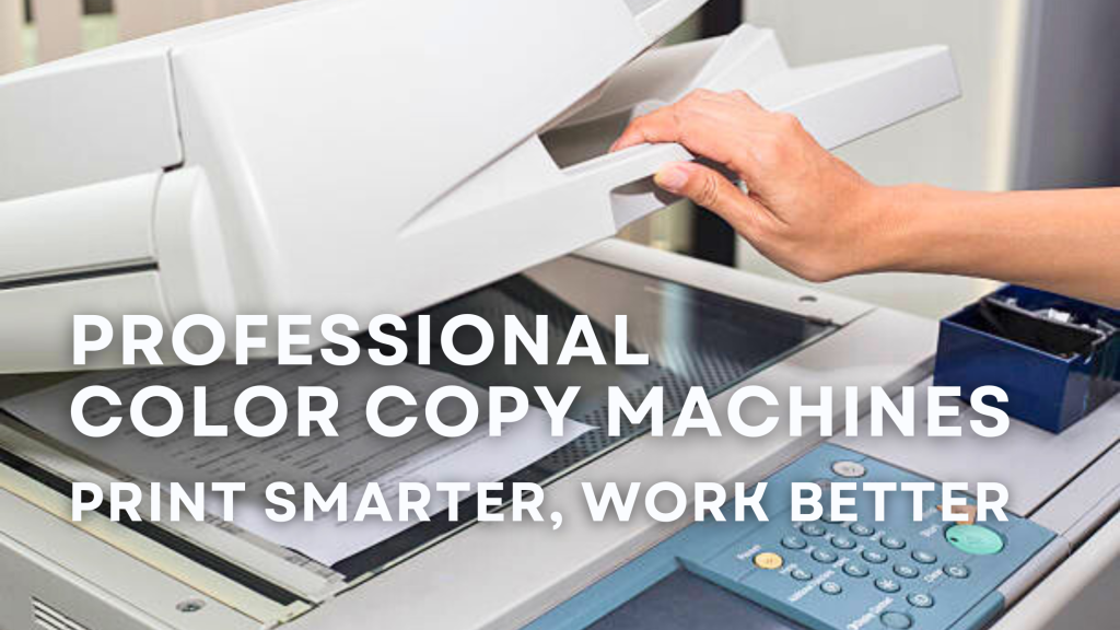 “Chicago office with a modern color copy machine producing vibrant, professional documents.