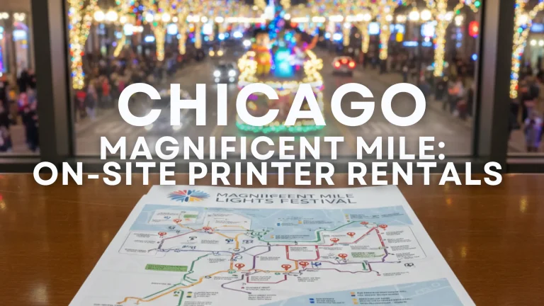 High-volume printer rental documents on a table with the blurred, illuminated Magnificent Mile Lights Festival parade in Chicago as the background. Overlay text reads: Magnificent Mile: On-Site Printer Rentals Power Chicago's Big Events