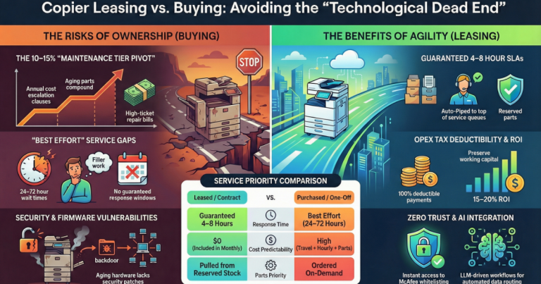 Infographic comparing copier ownership risks versus leasing benefits like guaranteed 4-8 hour SLAs for offices at 200 East Randolph Street, Chicago, IL.
