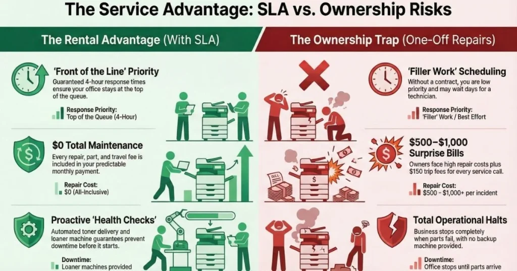 Comparison chart for Chicago offices showing rental benefits like 4-hour response times versus ownership risks like $1,000 repair bills