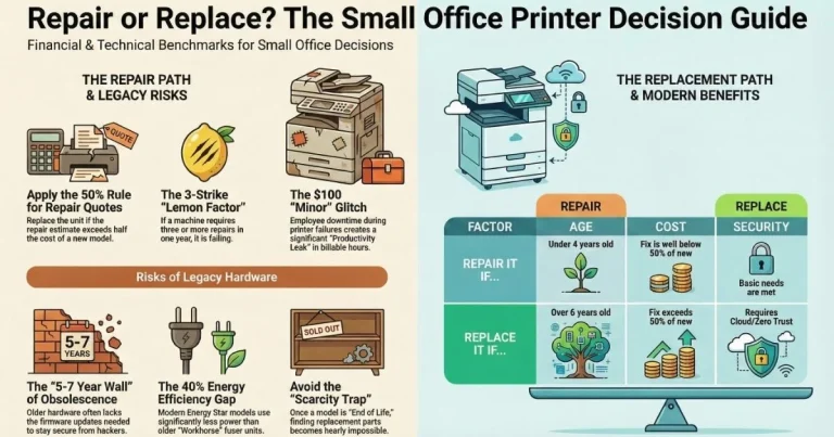 Visual guide for Chicago offices deciding on Printer Repair, featuring the 50% rule , 3-strike lemon factor , and legacy hardware risks.
