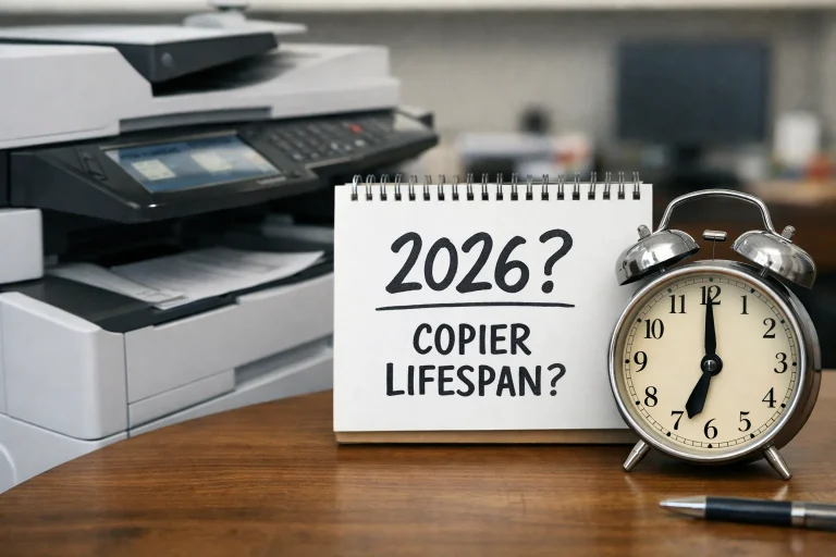 A desktop calendar and alarm clock next to a modern office copier questioning the average machine lifespan for Chicago businesses in 2026.