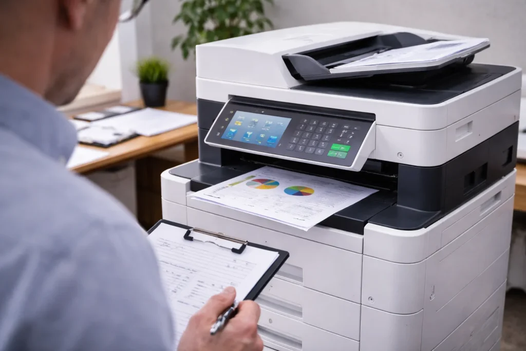 An office worker at 200 East Randolph Street reviewing high-quality color charts from enterprise-grade multifunction copiers.