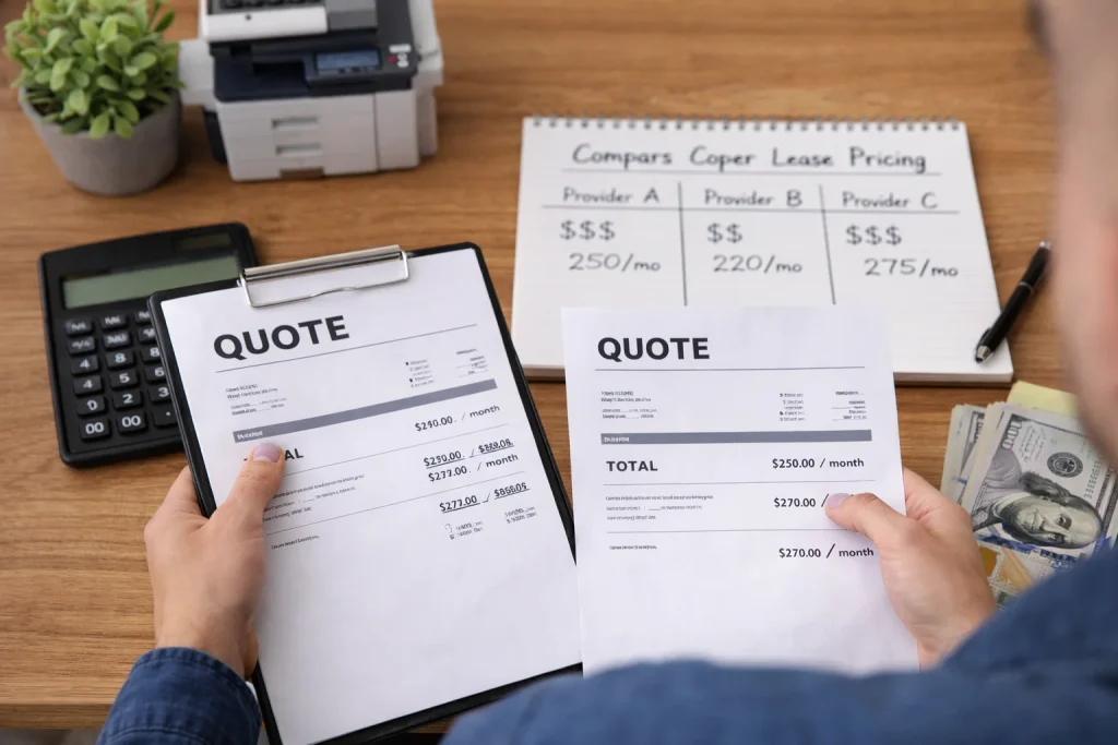 Close-up of an office manager at 200 East Randolph Street reviewing copier lease pricing quotes and comparing FMV vs. $1 Out ownership options.
