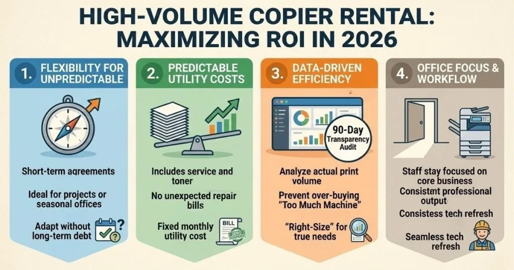 Four-step guide to maximizing ROI and managing Copier Rental Cost in Chicago through 90-day transparency audits and data-driven efficiency.