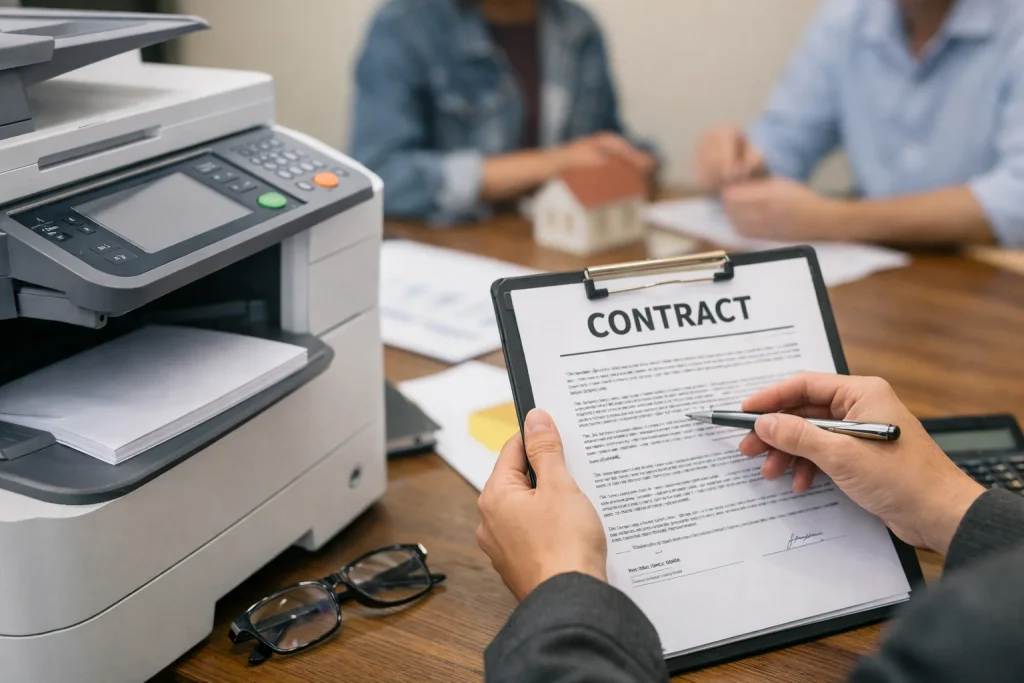 A close-up of a business professional reviewing a Chicago copier lease contract to avoid traps.
