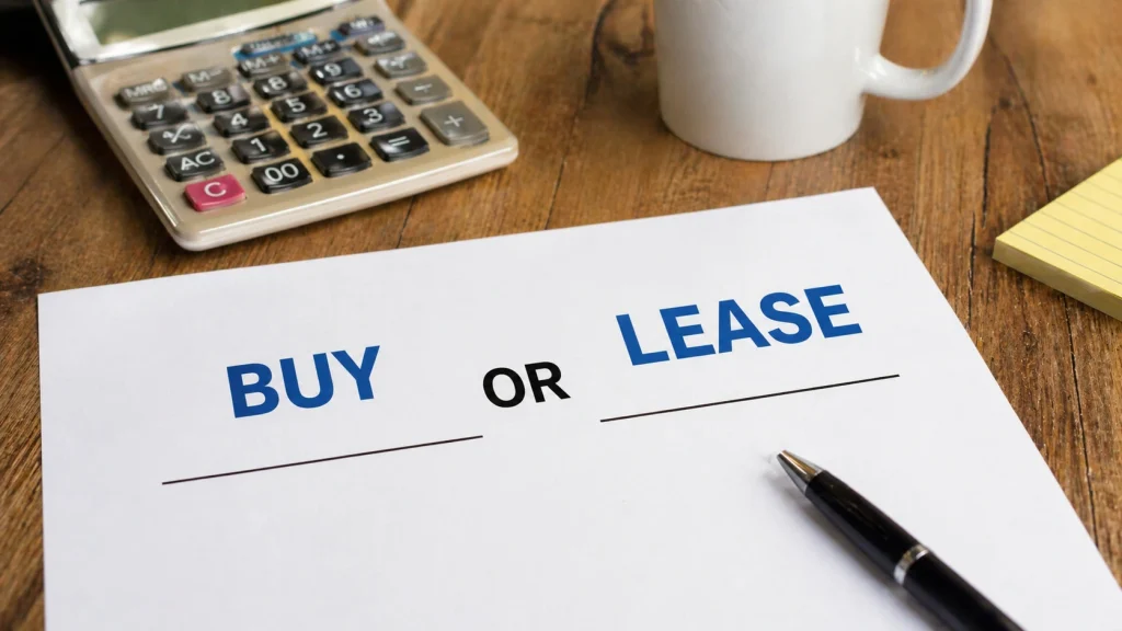 Buy or lease a copier decision document on a desk with a calculator for Chicago IL businesses
