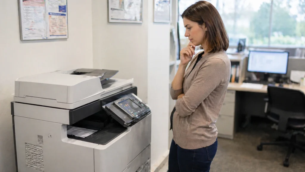 Business woman standing beside an office copier thinking about whether to buy or lease in Chicago IL