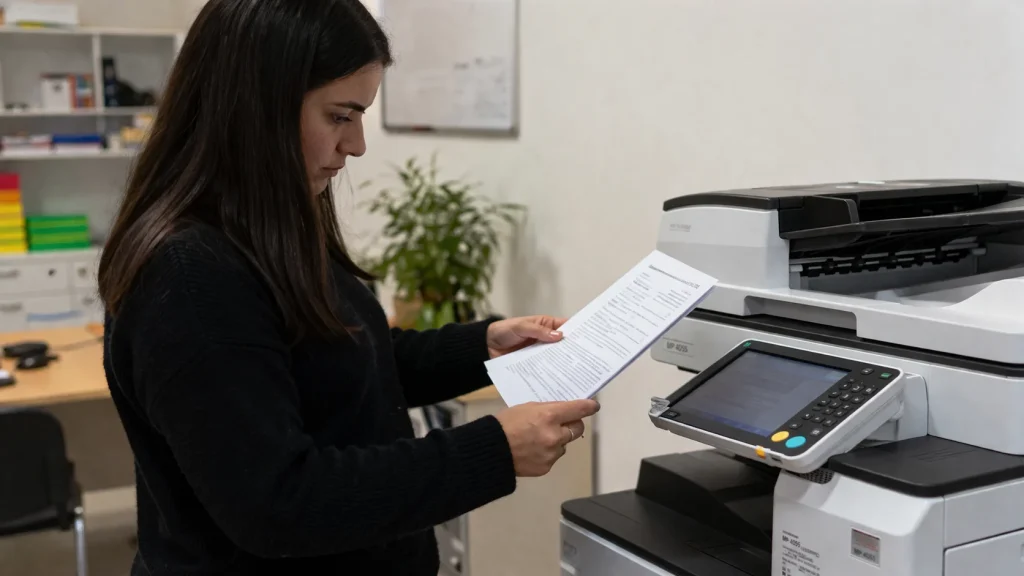 A woman standing by an office copier reviewing a document for Chicago copier lease traps.