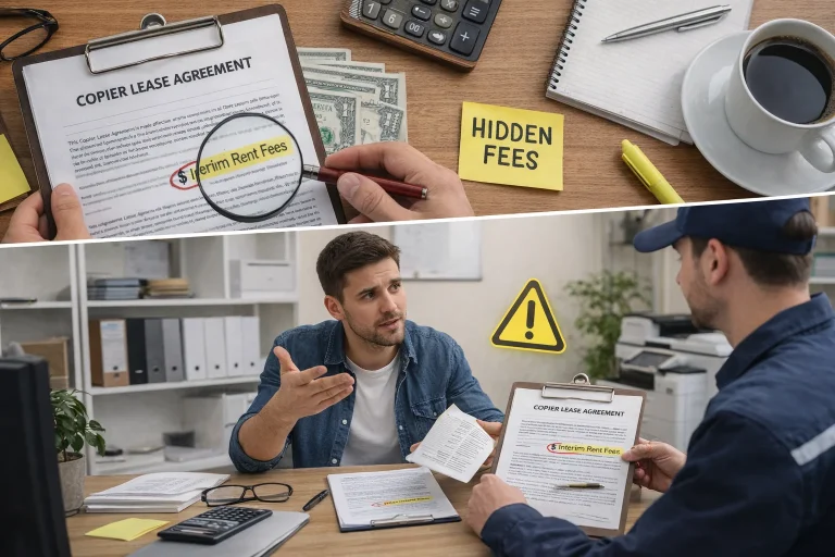 A magnifying glass highlighting "Interim Rent Fees" and a man discussing Chicago copier lease traps.