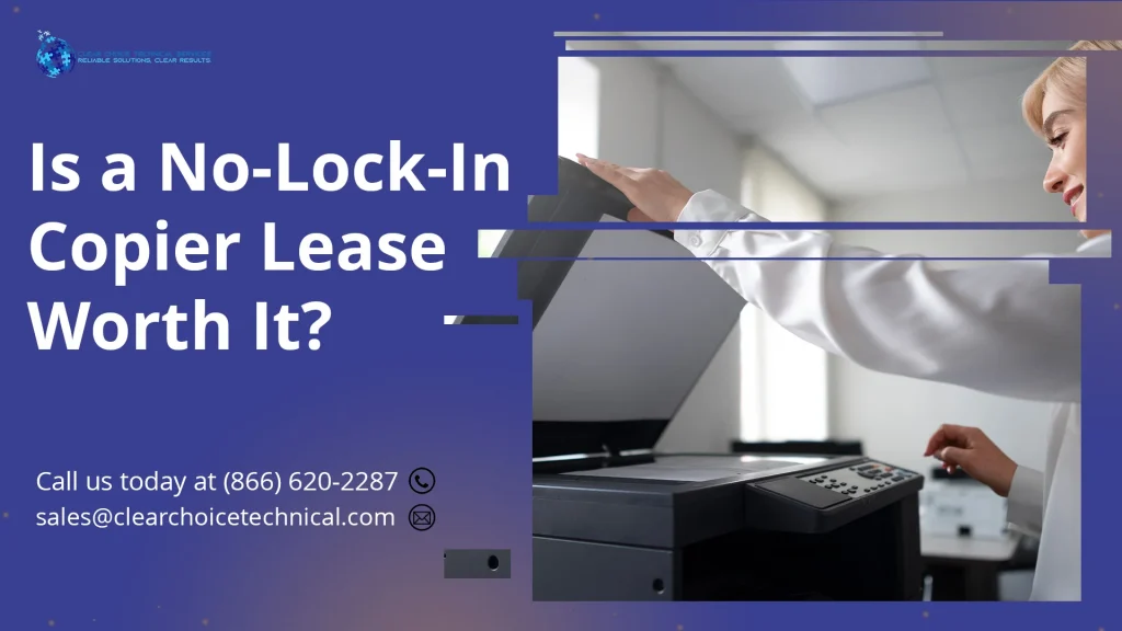 Is a no-lock-in copier lease worth it purple graphic with businesswoman using office copier scanner in Chicago IL