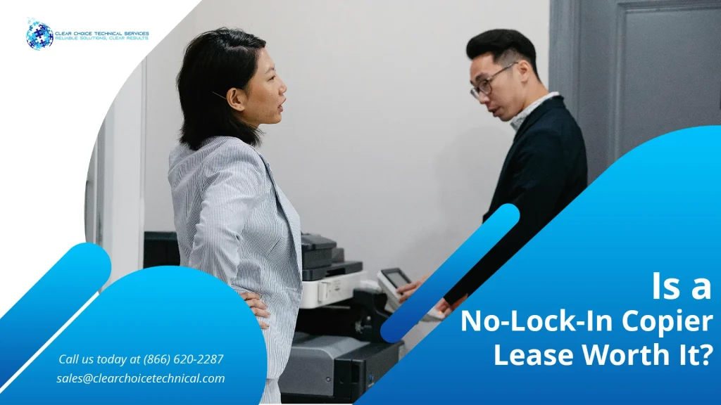 Is a no-lock-in copier lease worth it blue graphic with two business professionals discussing flexible copier lease options in Chicago IL