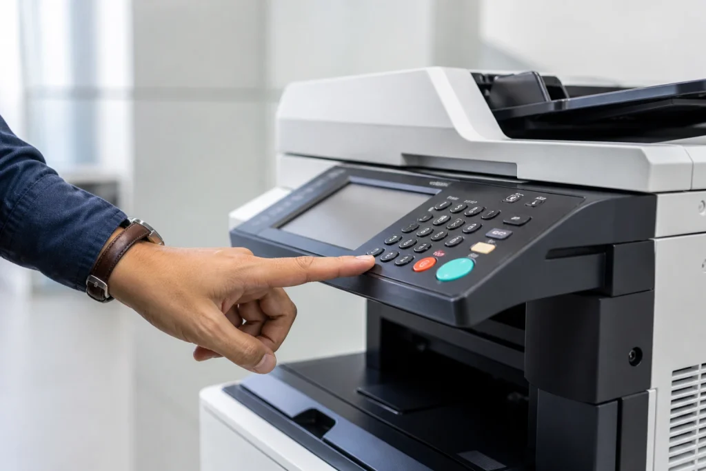 Business person pressing button on office copier control panel for a leased copier in Chicago IL