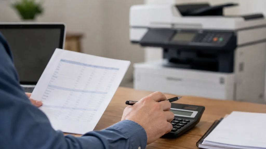 Business owner reviewing financial report with calculator while budgeting for copier lease costs in Chicago IL