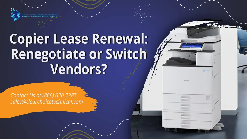 Close-up of an office copier in Chicago representing copier lease renewal costs and vendor comparison options