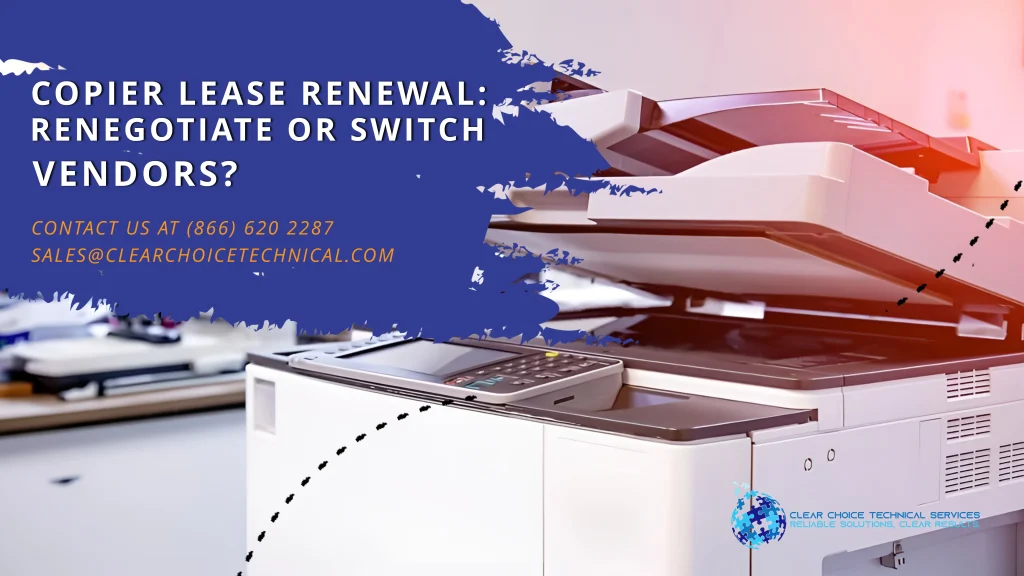 Ricoh multifunction copier in a Chicago office representing a copier lease renewal decision to renegotiate or switch vendors