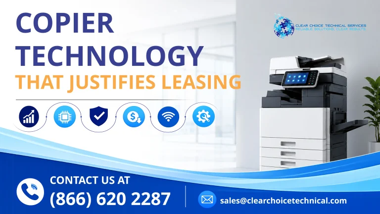 Office marketing graphic titled "Copier Technology That Justifies Leasing" featuring tech icons and a modern white copier.