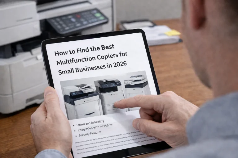 A business professional in Chicago using a tablet to configure multifunction copiers for cloud scanning and remote printing.